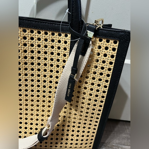 Ted Baker London Flo June Wicker Tote Bag Rattan Black Leather Crossbody - Picture 9 of 9